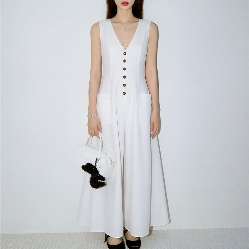 Women's V-neck sleeveless button-up pencil dress by FitiqueFit, casualwear style, shown in a fitted, elegant silhouette.