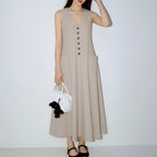 Women's V-neck sleeveless button-up pencil dress by FitiqueFit, casualwear style, shown in a flattering fit and classic design.