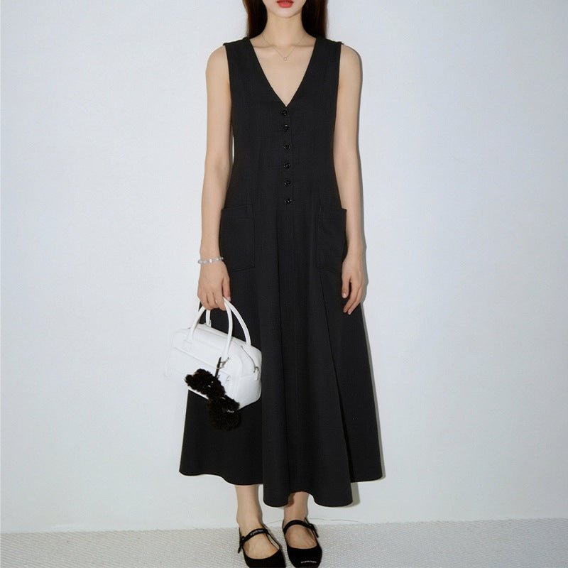 Women's sleeveless V-neck pencil dress by FitiqueFit, featuring button-up front and casual style, shown on a model.
