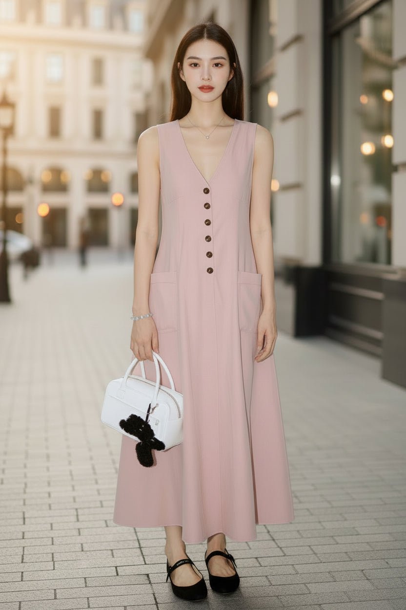 Women's sleeveless V-neck pencil dress by FitiqueFit featuring a button-up front, perfect for casual wear.