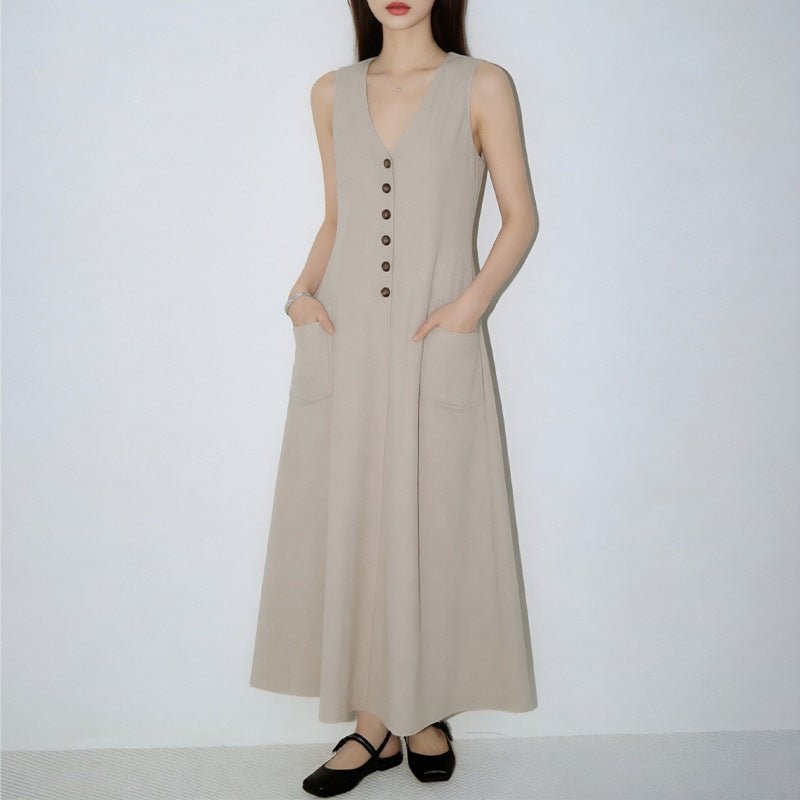 Women's V-neck sleeveless button-up pencil dress by FitiqueFit, casualwear style, shown on a model with a fitted silhouette.