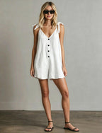 Women's V-neck sleeveless jumpsuit with cardigan straps, cropped fit, and straight-leg design by FitiqueFit for casual wear.