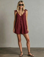 Women's V-neck sleeveless jumpsuit with cardigan straps and straight-leg design by FitiqueFit, perfect for casual wear.