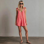 Women's sleeveless V-neck jumpsuit with cardigan straps and straight-leg design, casualwear by FitiqueFit.