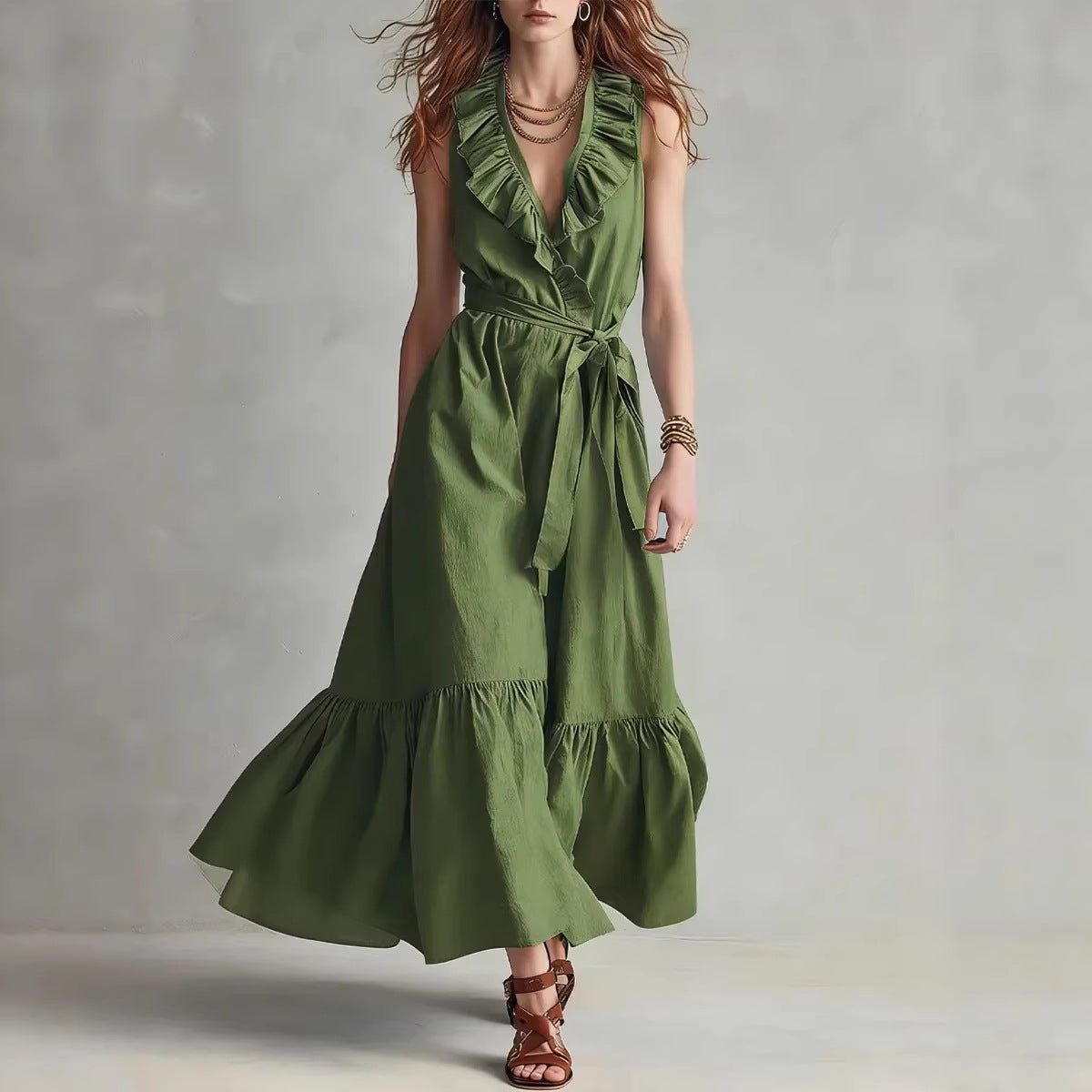 Women's sleeveless V-neck maxi dress with lace-up panel details and wide flare, casualwear by FitiqueFit.
