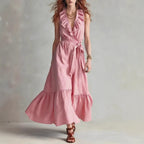 Women's sleeveless V-neck lace-up panelled maxi dress with wide flare, casualwear by FitiqueFit, shown with flowing fabric and stylish design.