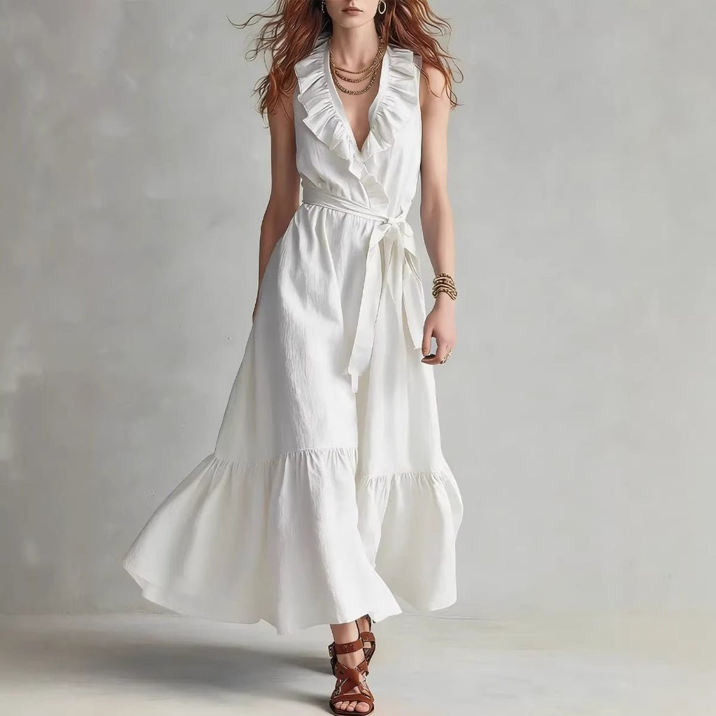 Women's FitiqueFit sleeveless V-neck maxi dress with lace-up panel details and wide flare, perfect for casualwear.