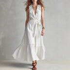 Women's FitiqueFit sleeveless V-neck maxi dress with lace-up panel details and wide flare, perfect for casualwear.