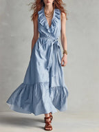 Women's FitiqueFit V-neck sleeveless maxi dress with lace-up panel details and wide flare, perfect for casual wear.