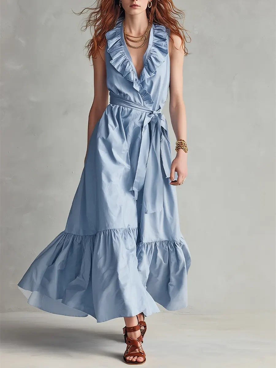 Women's FitiqueFit V-neck sleeveless maxi dress with lace-up panel details and wide flare, perfect for casual wear.