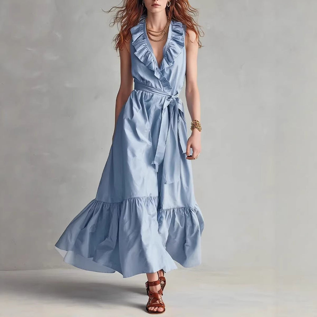 Women's sleeveless V-neck maxi dress by FitiqueFit with lace-up detail and wide flare, perfect for casualwear.