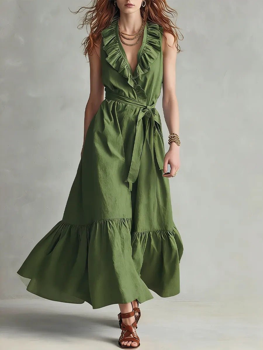 Women's V-neck sleeveless maxi dress with lace-up panel details and wide flare, by FitiqueFit, perfect for casual summer wear.