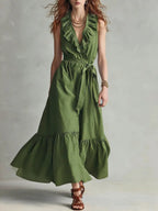 Women's V-neck sleeveless maxi dress with lace-up panel details and wide flare, by FitiqueFit, perfect for casual summer wear.