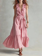 Women's V-neck sleeveless lace-up panelled maxi dress with wide flare, casualwear by FitiqueFit, shown in a flowy, elegant style.