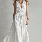 Women's sleeveless V-neck maxi dress with lace-up panel details and wide flare, casualwear by FitiqueFit.