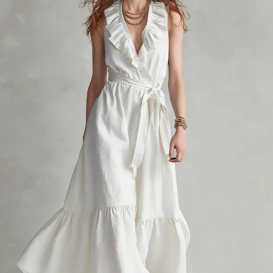 Women's sleeveless V-neck maxi dress with lace-up panel details and wide flare, casualwear by FitiqueFit.