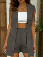 Women's V-neck sleeveless vest jacket and shorts set by FitiqueFit, casualwear in an elegant commuter style.