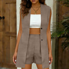 Women's V-neck sleeveless vest jacket and shorts set by FitiqueFit, casual commuter style, stylish and comfortable for everyday wear.