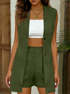 Women's V-neck sleeveless vest jacket and shorts set by FitiqueFit, casualwear for elegant commuter style, shown on a model.