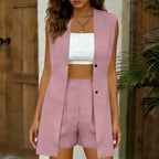 Women's V-neck sleeveless vest jacket and shorts set in casualwear style by FitiqueFit, perfect for elegant commuter look.