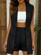 Women's V-neck sleeveless vest jacket and shorts set by FitiqueFit, featuring a casual, elegant commuter style ensemble.