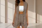 Women's V-neck sleeveless vest jacket and shorts set in casualwear style by FitiqueFit, perfect for elegant commuter look.