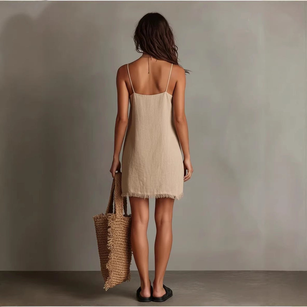 Women's V-neck slip mini dress with fringe trim, sleeveless streetwear style by FitiqueFit, perfect for casual wear.