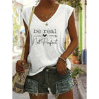Women's FitiqueFit V-neck slogan print short sleeve T-shirt, casual summer top with comfortable fit and stylish design.