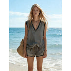 Women's casual two-piece set with V-neck vest and matching shorts by FitiqueFit, perfect for relaxed everyday wear.