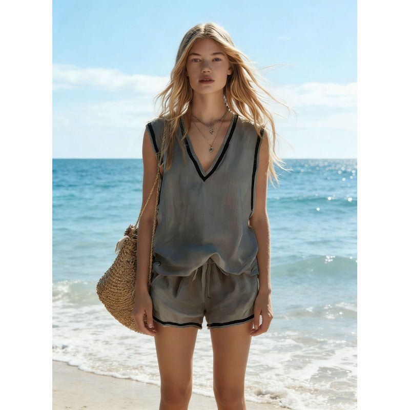 Women's casual two-piece set with V-neck vest and matching shorts by FitiqueFit, perfect for relaxed everyday wear.