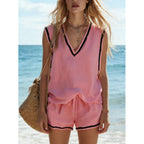 Women's casual V-neck vest and shorts two-piece set by FitiqueFit, featuring a comfortable sleeveless top and matching shorts.