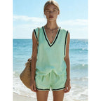 Women's casual V-neck vest and shorts two-piece set by FitiqueFit, featuring a relaxed fit and comfortable fabric.