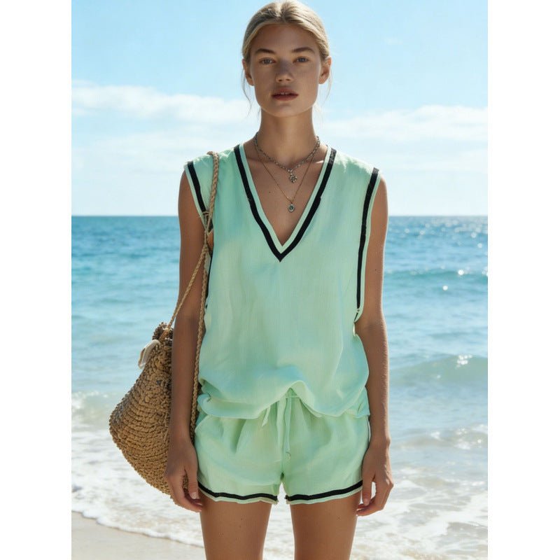 Women's casual V-neck vest and shorts two-piece set by FitiqueFit, featuring a relaxed fit and comfortable fabric.