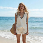 Women's V-neck vest and shorts two-piece casualwear set by FitiqueFit, featuring a comfortable V-neck vest and matching shorts.