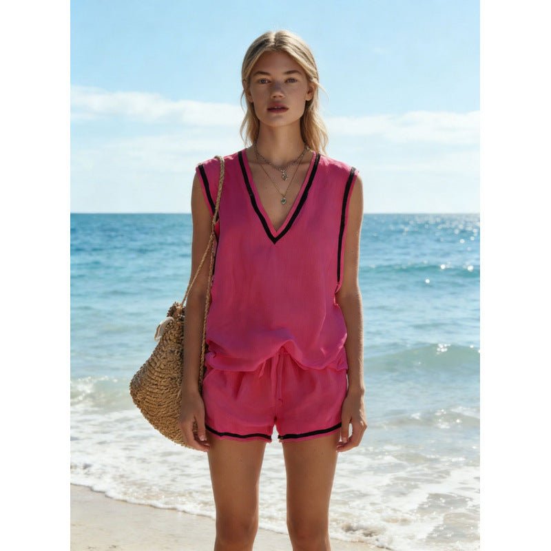 Women's casual V-neck vest and shorts two-piece set by FitiqueFit, featuring comfortable fabric and stylish design.
