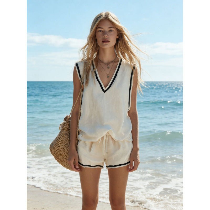 Women's casual V-neck vest and shorts two-piece set by FitiqueFit, featuring a relaxed fit and comfortable fabric for everyday wear.