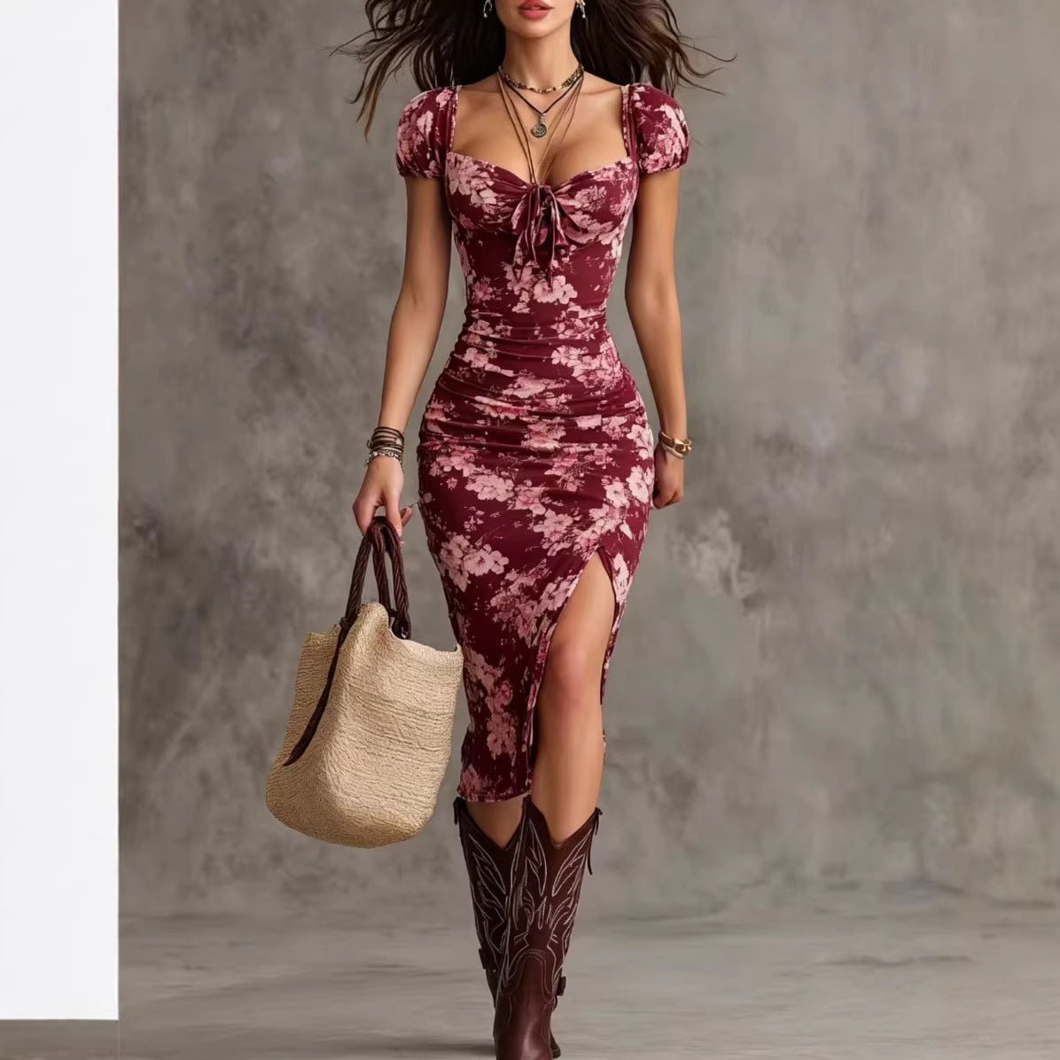 Women’s vintage puff-sleeve high-waist split maxi dress by FitiqueFit, featuring a flowy casualwear design with elegant details.
