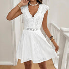 Women’s V-neck short-sleeve casual dress with lace trim by FitiqueFit, featuring a relaxed fit and elegant lace details.