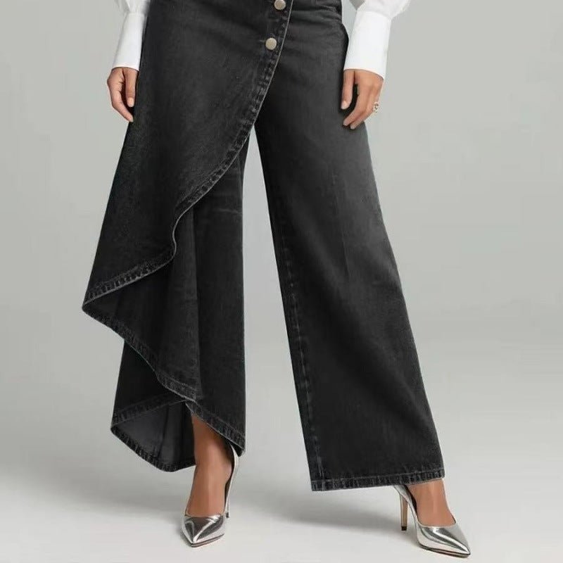 Women's washed denim skort with button closure, casualwear style, featuring front pockets and relaxed fit from Plush Fashion Hub.