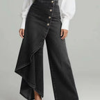 Women's washed denim skort with button closure, casualwear from Plush Fashion Hub, featuring a relaxed fit and stylish design.