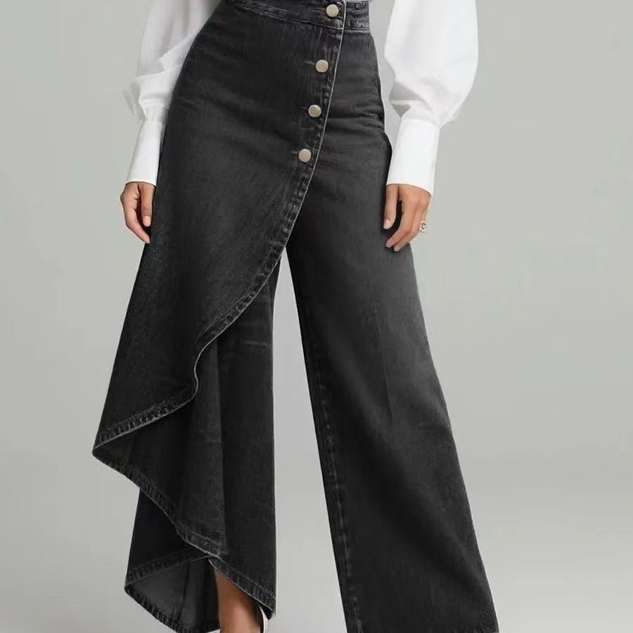 Women's washed denim skort with button closure, casualwear from Plush Fashion Hub, featuring a relaxed fit and stylish design.