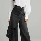 Women's washed denim skort with button closure, casualwear by Plush Fashion Hub, featuring a stylish and comfortable design.