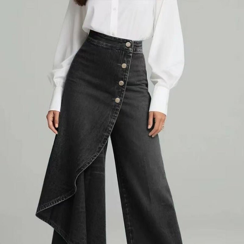 Women's washed denim skort with button closure, casualwear by Plush Fashion Hub, featuring a stylish and comfortable design.
