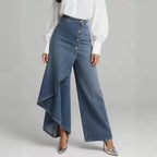 Women's washed denim skort with button closure, casualwear from Plush Fashion Hub, featuring a front button and relaxed fit.