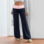Women’s wide-leg patchwork casual pants by FitiqueFit featuring multicolor patchwork design and relaxed fit.