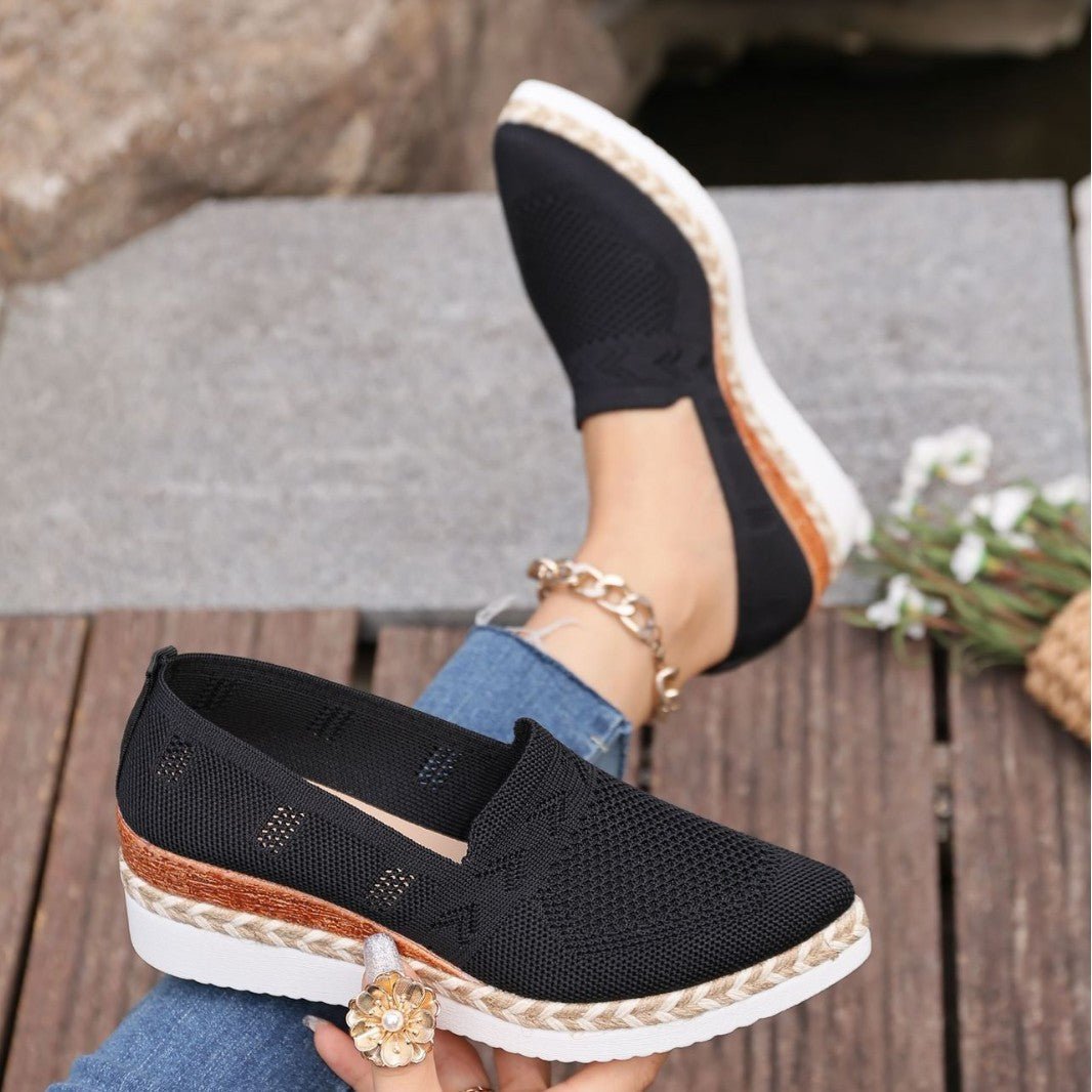 Women’s woven rope platform snakeskin pointed-toe flats by FitiqueFit, showcasing trendy footwear with a stylish snakeskin pattern.