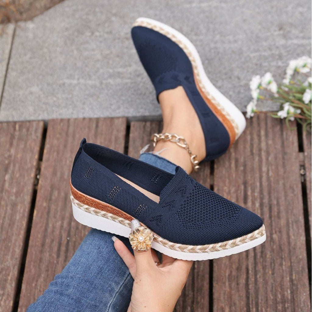 Women’s woven rope platform snakeskin flats by FitiqueFit with pointed toes, stylish and trendy footwear for casual or dressy wear.