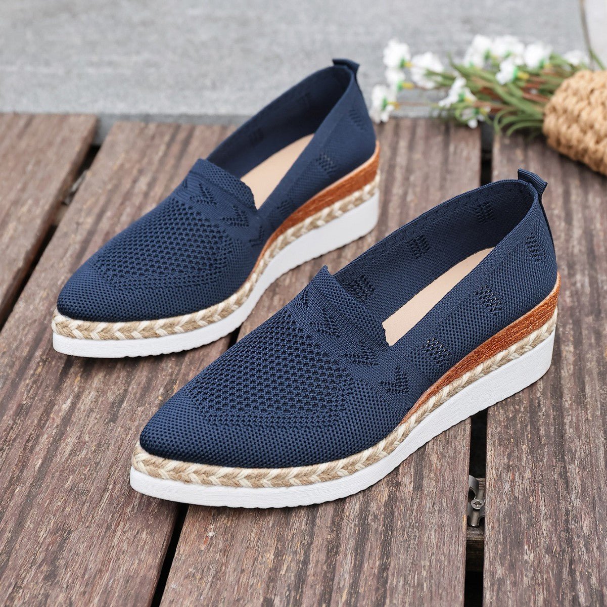 Women’s woven rope platform snakeskin pointed-toe flats by FitiqueFit, showcasing trendy, stylish women’s footwear with a slip-on design.