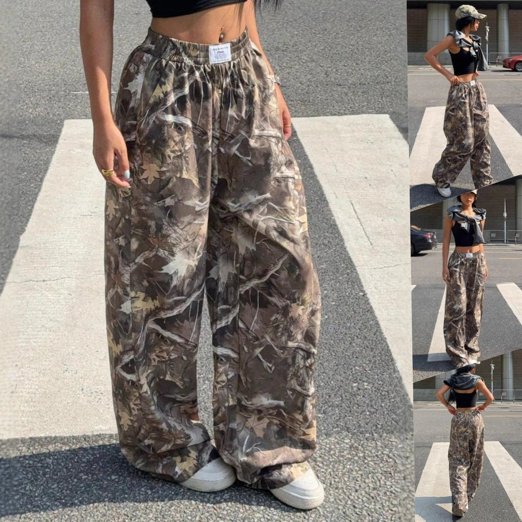 Women's Y2K camouflage cargo pants by FitiqueFit, showcasing a casualwear style with a relaxed fit and rugged camouflage pattern.