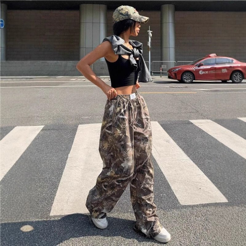 Women's Y2K camouflage cargo pants by FitiqueFit, featuring a relaxed casualwear style with a trendy camouflage pattern.